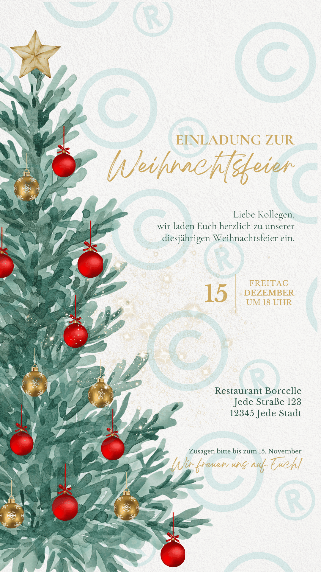 Copyrigt Karte für die Weihnachtsfeier mit einem Tannenbaum