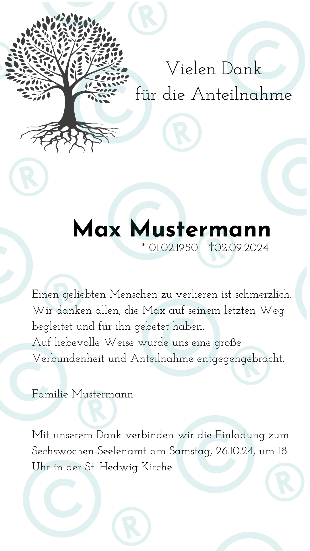 Dankeskarte nach Beerdigung - Danksagung - Trauerkarte - digital - WhatsApp - Vorlage - Baum