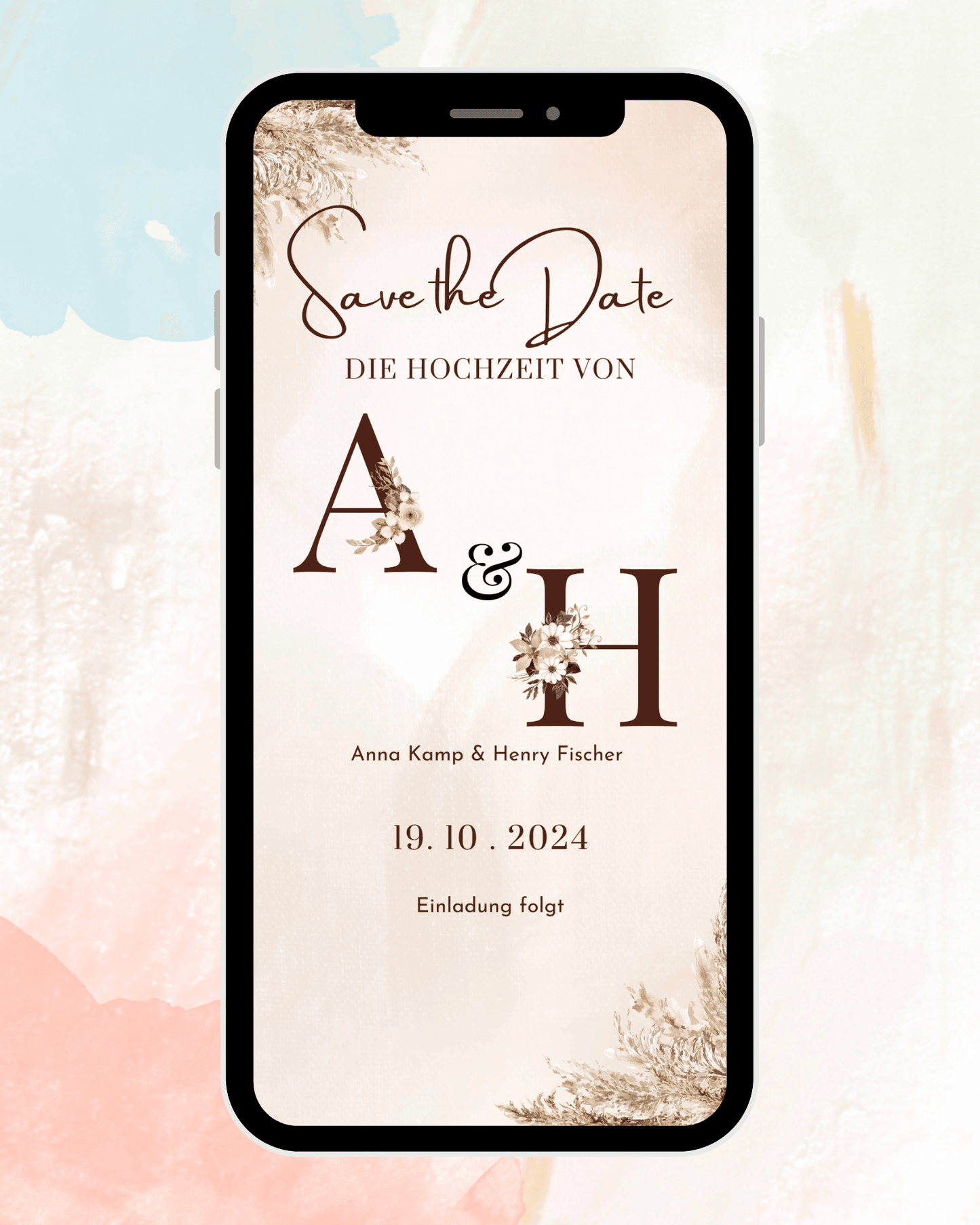 Save the Date ❤️ - Hochzeitseinladung - Pampasgras - Vintage - digital - personalisiert ⭐️ - WhatsApp - Katholisch-Shop
