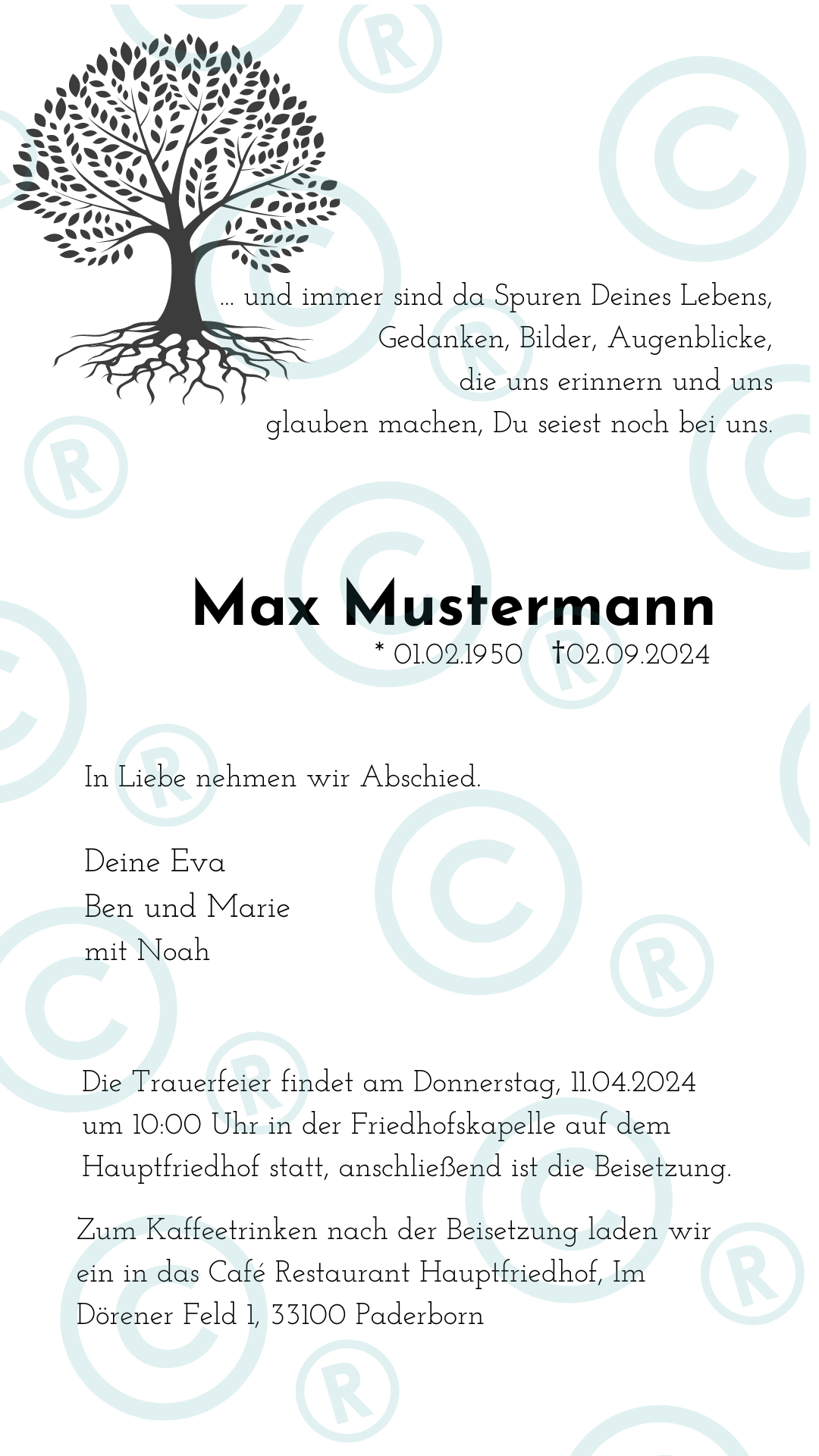 Beerdigung- Trauerfeier- Einladung - digital - WhatsApp - Vorlage - Baum - Katholisch-Shop