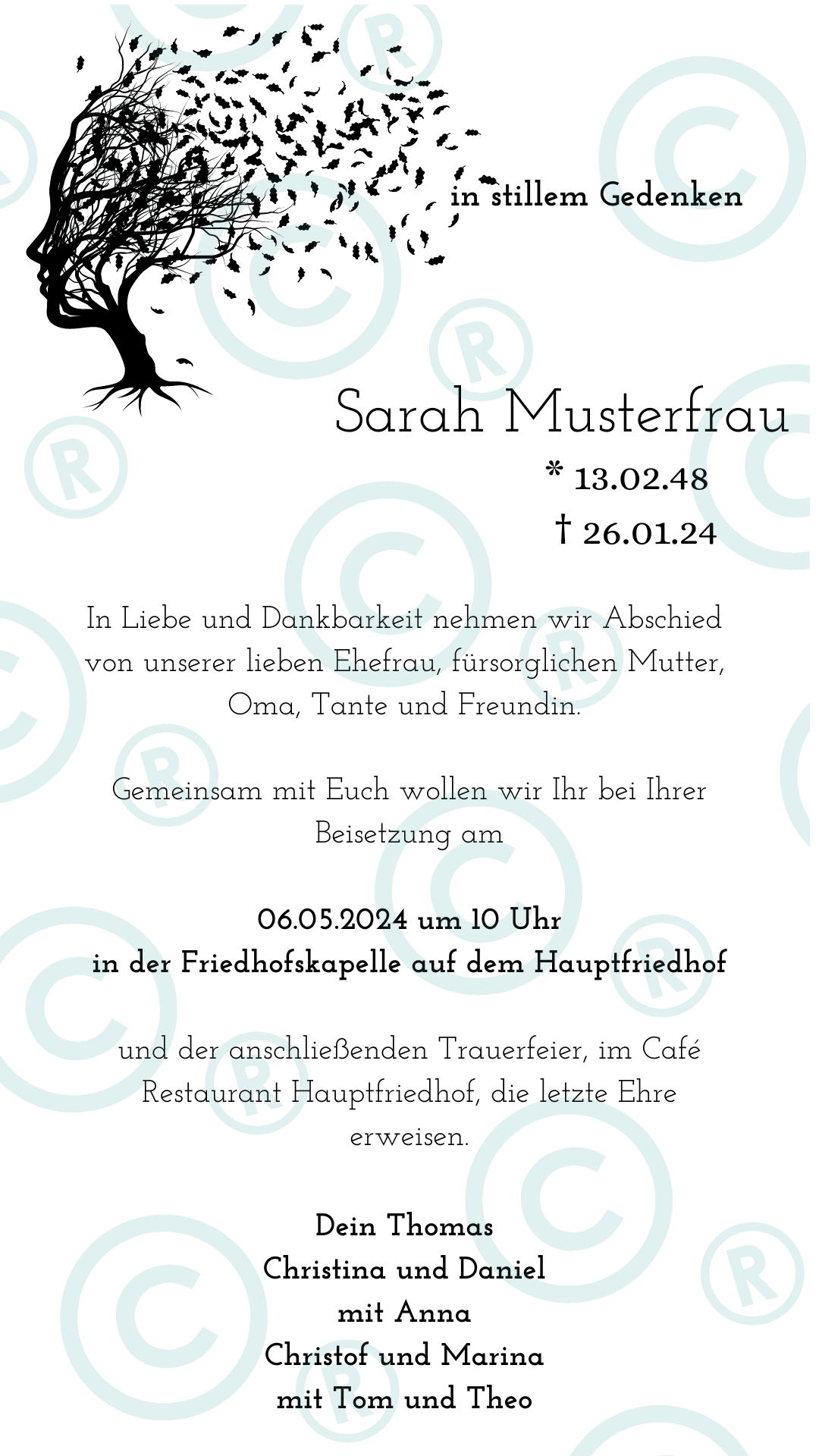 Beerdigung- Trauerfeier- Einladung - digital - WhatsApp - Vorlage - Gesicht - Katholisch-Shop