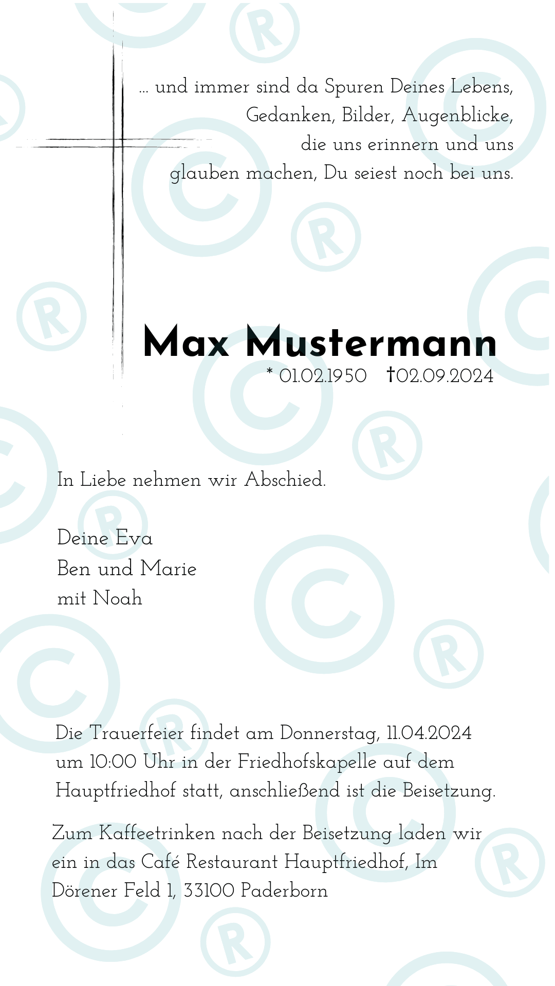 Beerdigung- Trauerfeier- Einladung - digital - WhatsApp - Vorlage - Kreuz - Katholisch-Shop