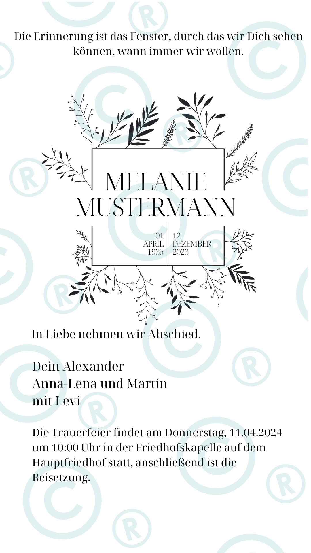 Beerdigung- Trauerfeier- Einladung - digital - WhatsApp - Vorlage - Fenster