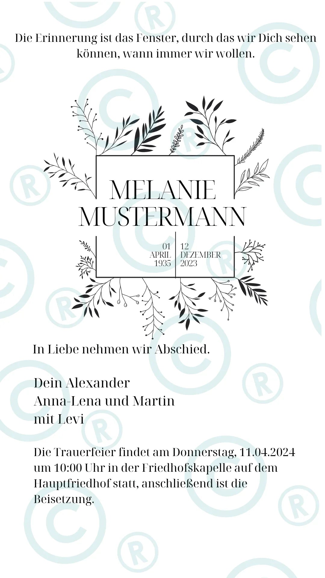 Beerdigung- Trauerfeier- Einladung - digital - WhatsApp - Vorlage - Fenster