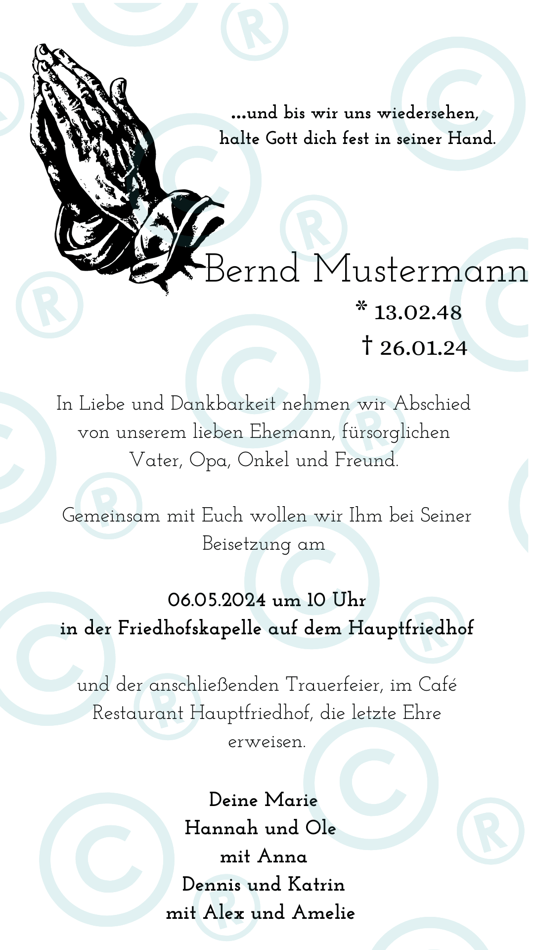 Beerdigung- Trauerfeier- Einladung - digital - WhatsApp - Vorlage - betende Hände