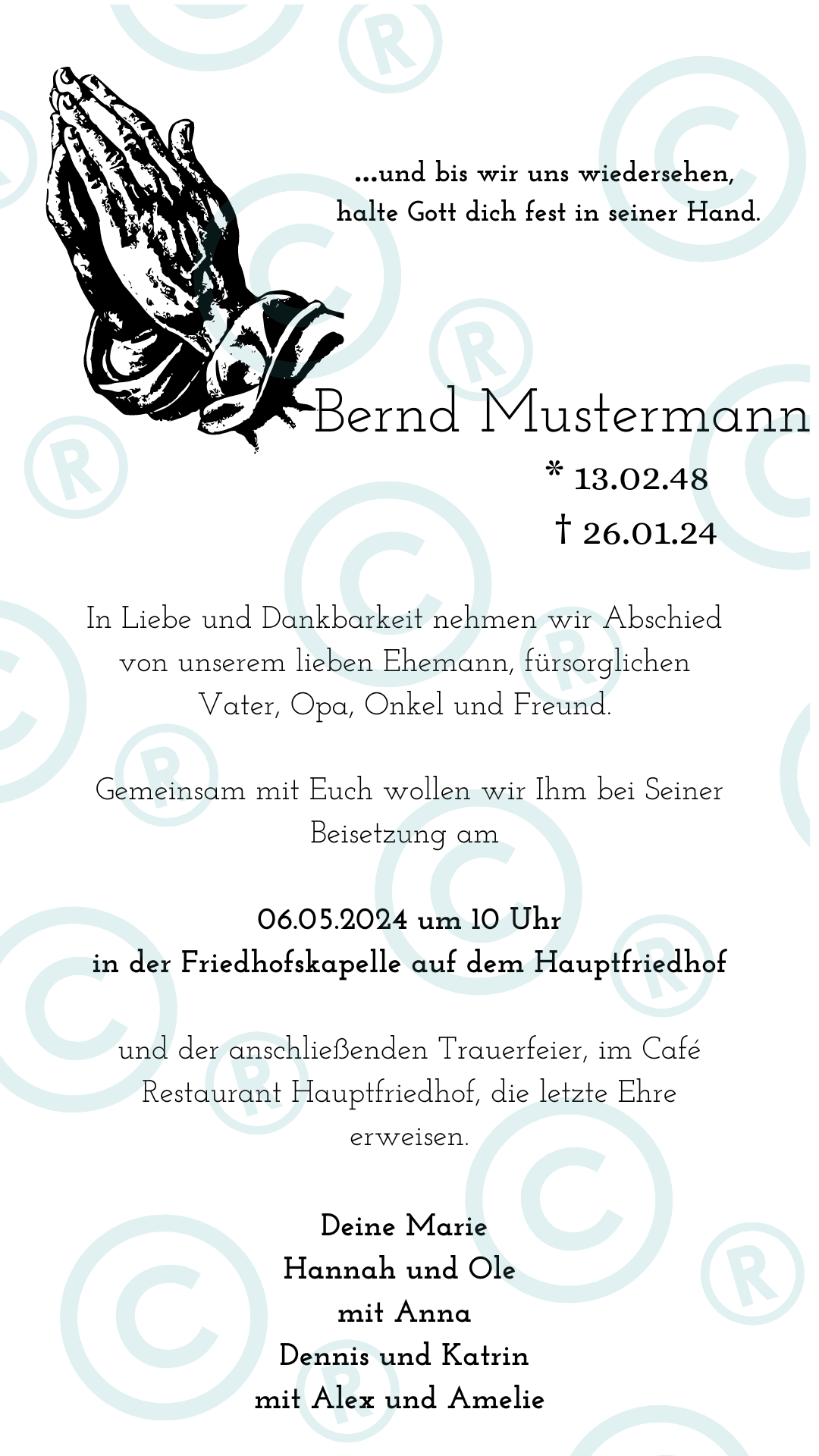 Beerdigung- Trauerfeier- Einladung - digital - WhatsApp - Vorlage - betende Hände