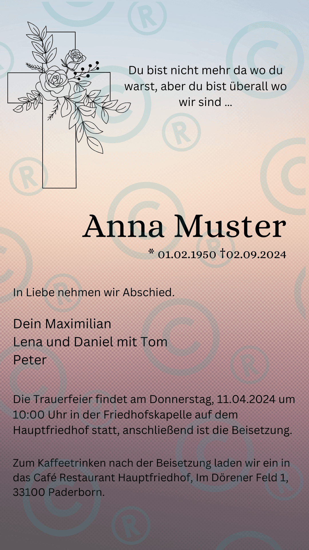 Beerdigung- Trauerfeier- Einladung - digital - WhatsApp - Vorlage - Kreuz Rose Farbwechsel