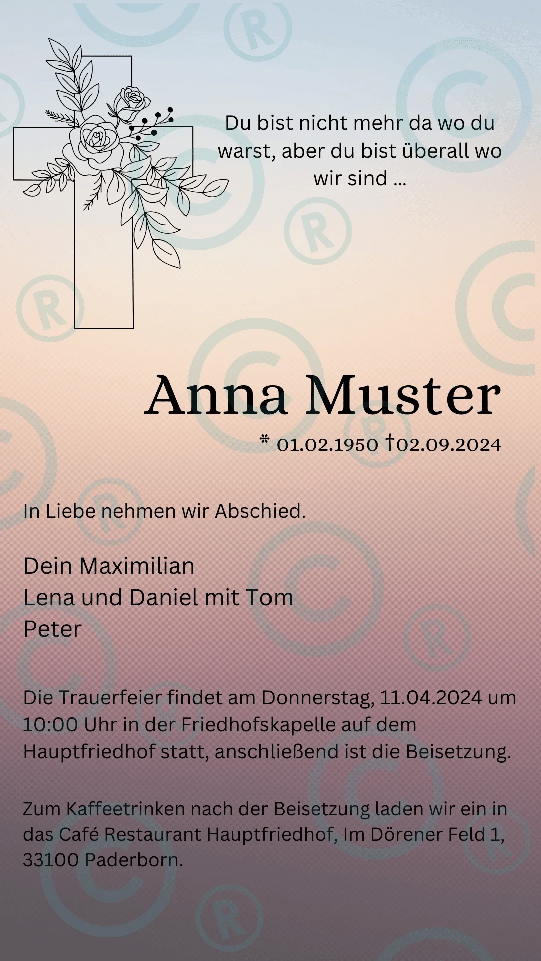 Beerdigung- Trauerfeier- Einladung - digital - WhatsApp - Vorlage - Kreuz Rose Farbwechsel