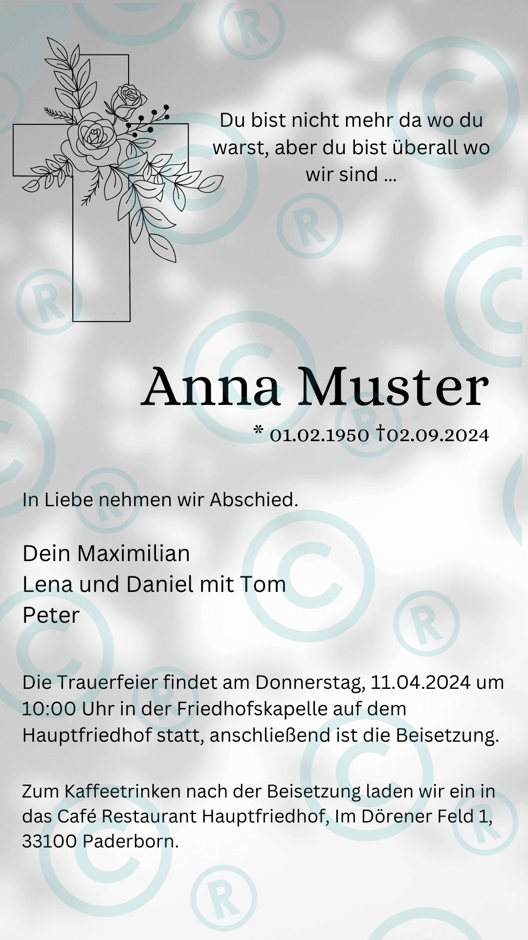 Beerdigung- Trauerfeier- Einladung - digital - WhatsApp - Vorlage - Kreuz Rose Schatten