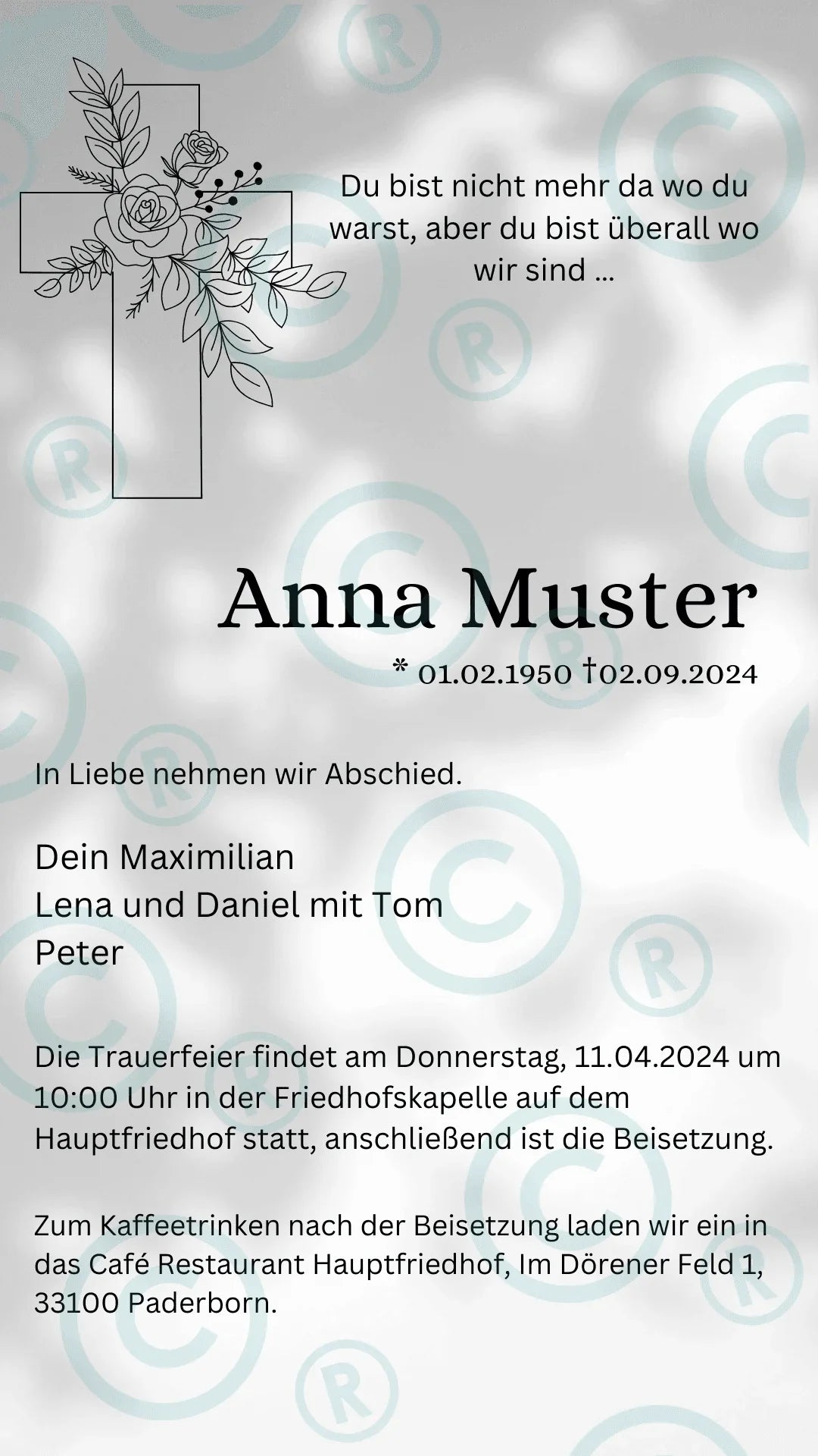 Beerdigung- Trauerfeier- Einladung - digital - WhatsApp - Vorlage - Kreuz Rose Schatten