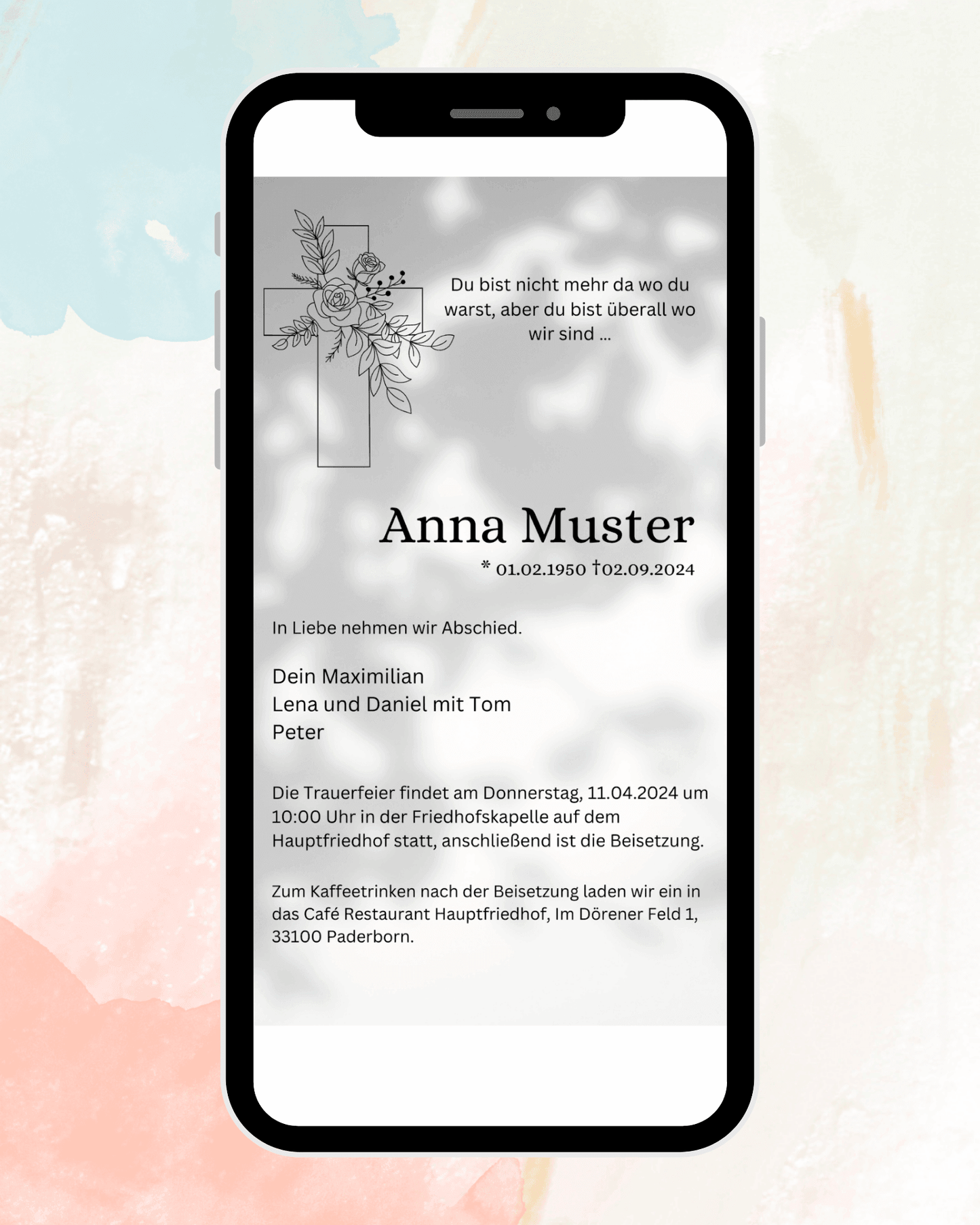 Beerdigung- Trauerfeier- Einladung - digital - WhatsApp - Vorlage - Kreuz Rose Schatten
