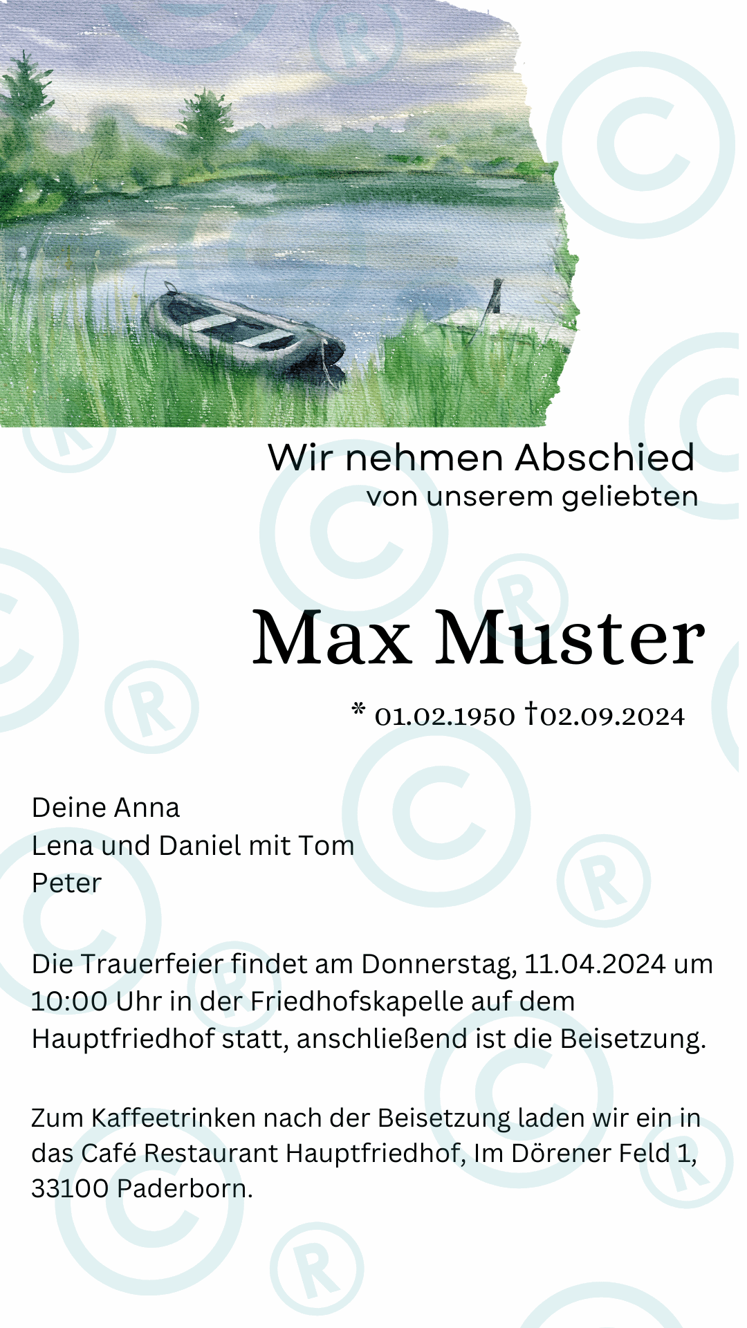 Beerdigung- Trauerfeier- Einladung - digital - WhatsApp - Vorlage - See mit Boot