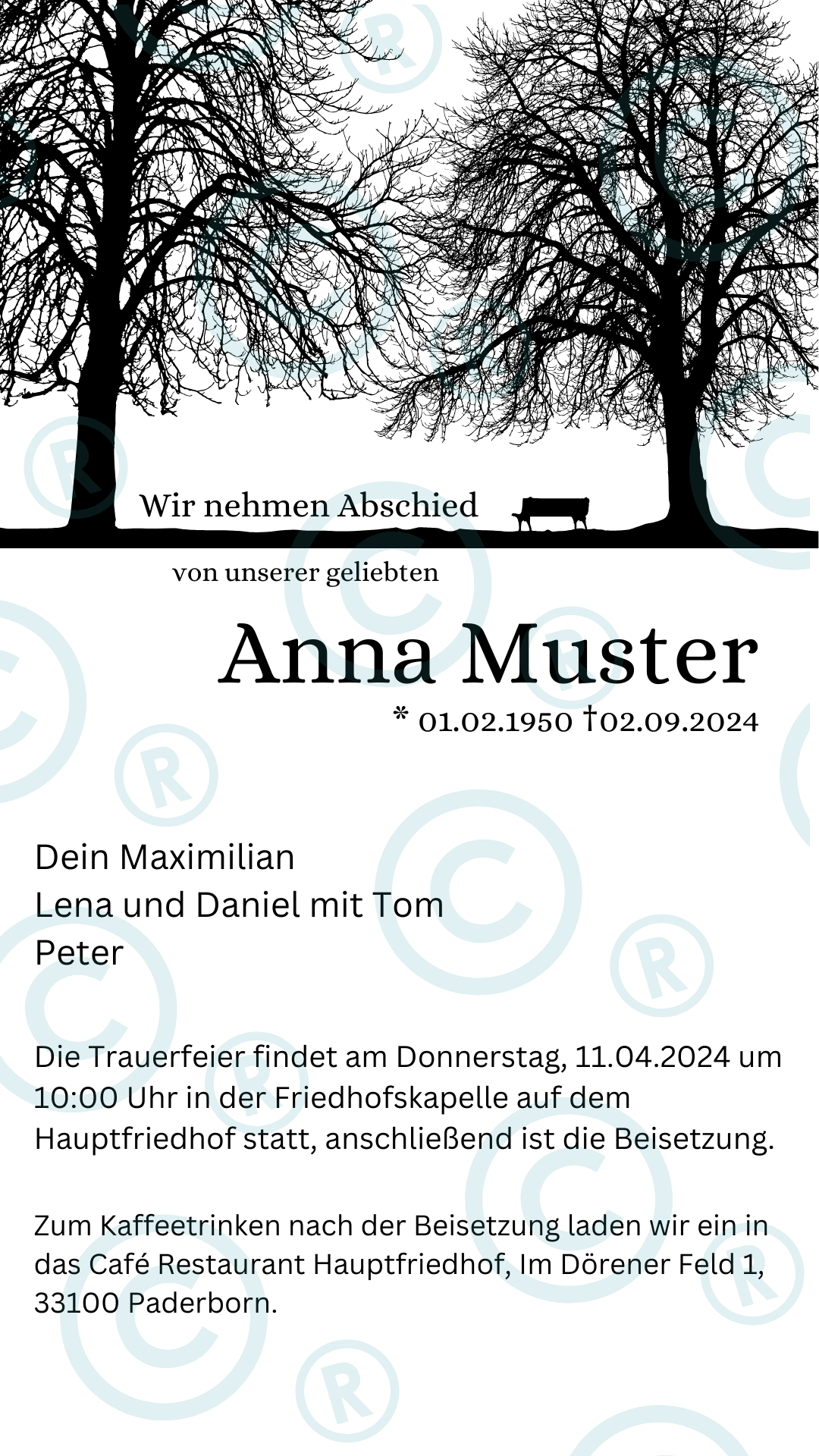 Beerdigung- Trauerfeier- Einladung - digital - WhatsApp - Vorlage - Waldfriedhof