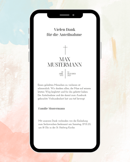 Dankeskarte nach Beerdigung - Danksagung - Trauerkarte - digital - WhatsApp - Vorlage - Name Groß